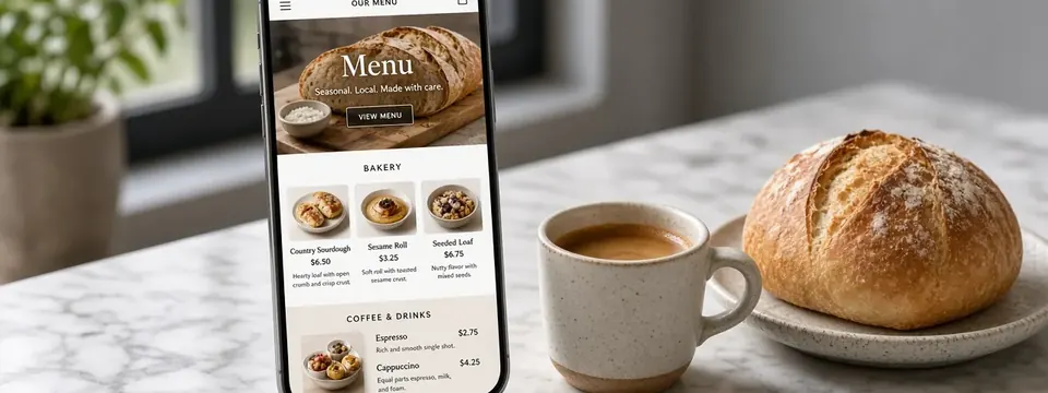 Telefon mit Restaurant-Menü-Website neben Kaffee und Brot