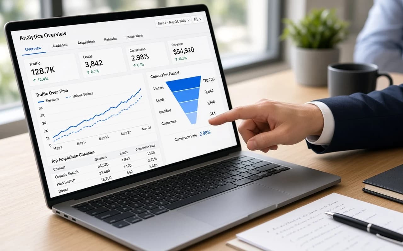 Dashboard analitike me grafikë në ekranin e laptopit