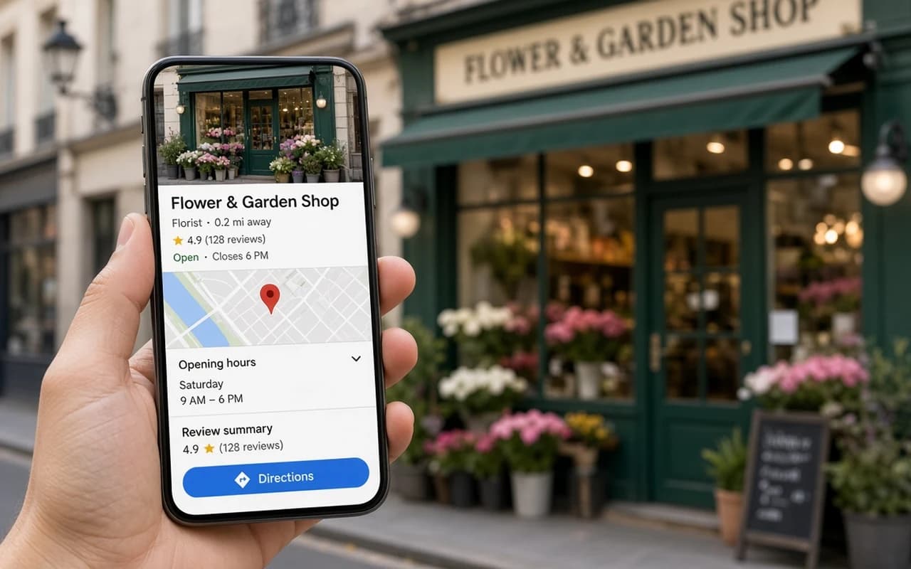 Telefon me listing biznesi lokal pranë një dyqani